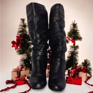 Poche Black size 9M Black ruched Boots with graphite hardware and a 2 1/2” heel